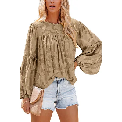 Loose Puff Sleeve Solid Color Round Neck Pullover Long Sleeve Top Brown - Shop at LoveMi