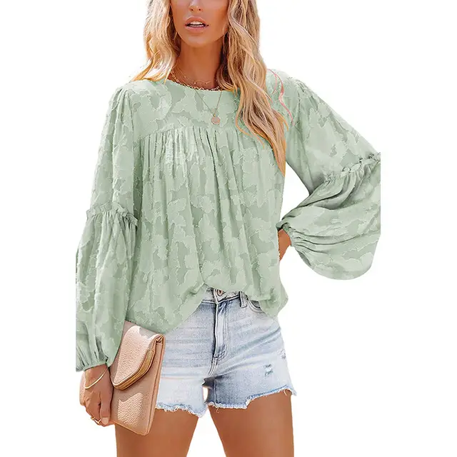Loose Puff Sleeve Solid Color Round Neck Pullover Long Sleeve Top Green - Shop at LoveMi