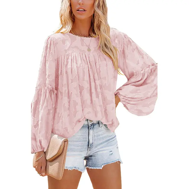 Loose Puff Sleeve Solid Color Round Neck Pullover Long Sleeve Top Pink - Shop at LoveMi