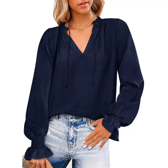 Pullover Long Sleeve Loose Slim Solid Color Chiffon Shirt Top Royal Blue - Shop at LoveMi
