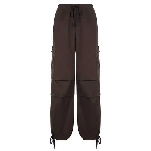 Ladies Fashion Panel Drawstring Woven Trousers Brown - Shop at LoveMi