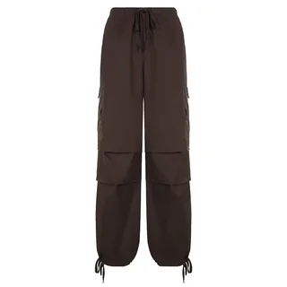 Ladies Fashion Panel Drawstring Woven Trousers - Brown