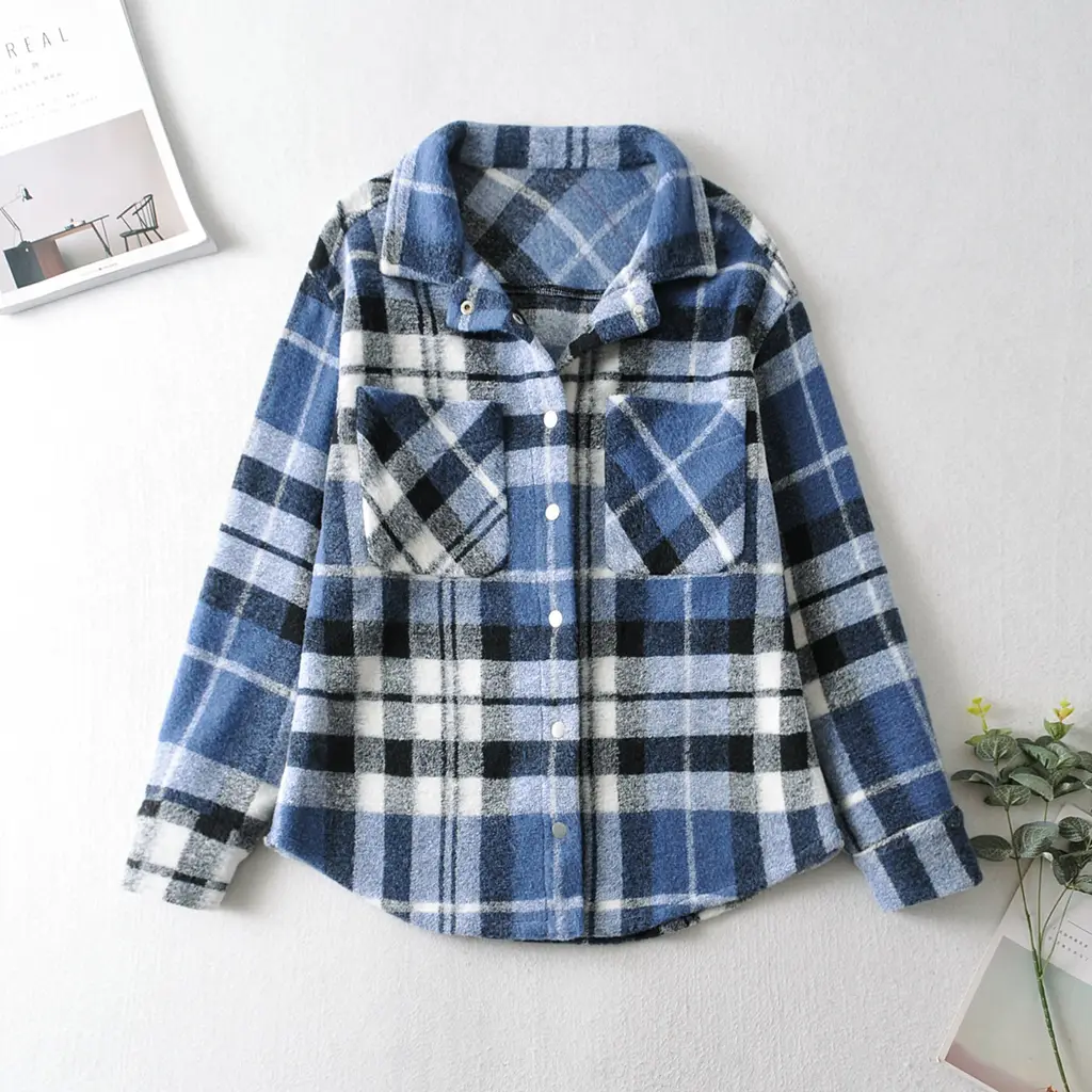 European And American Women's Loose Plaid Shirt Jacket - Blue