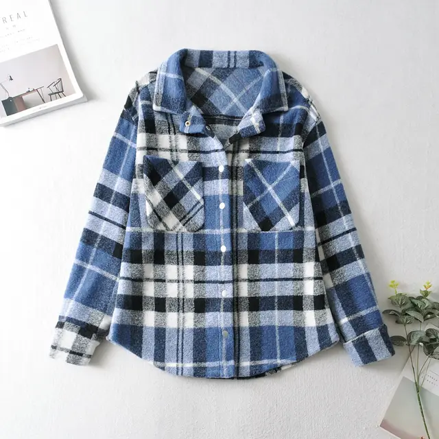 European And American Women's Loose Plaid Shirt Jacket Blue - Shop at LoveMi