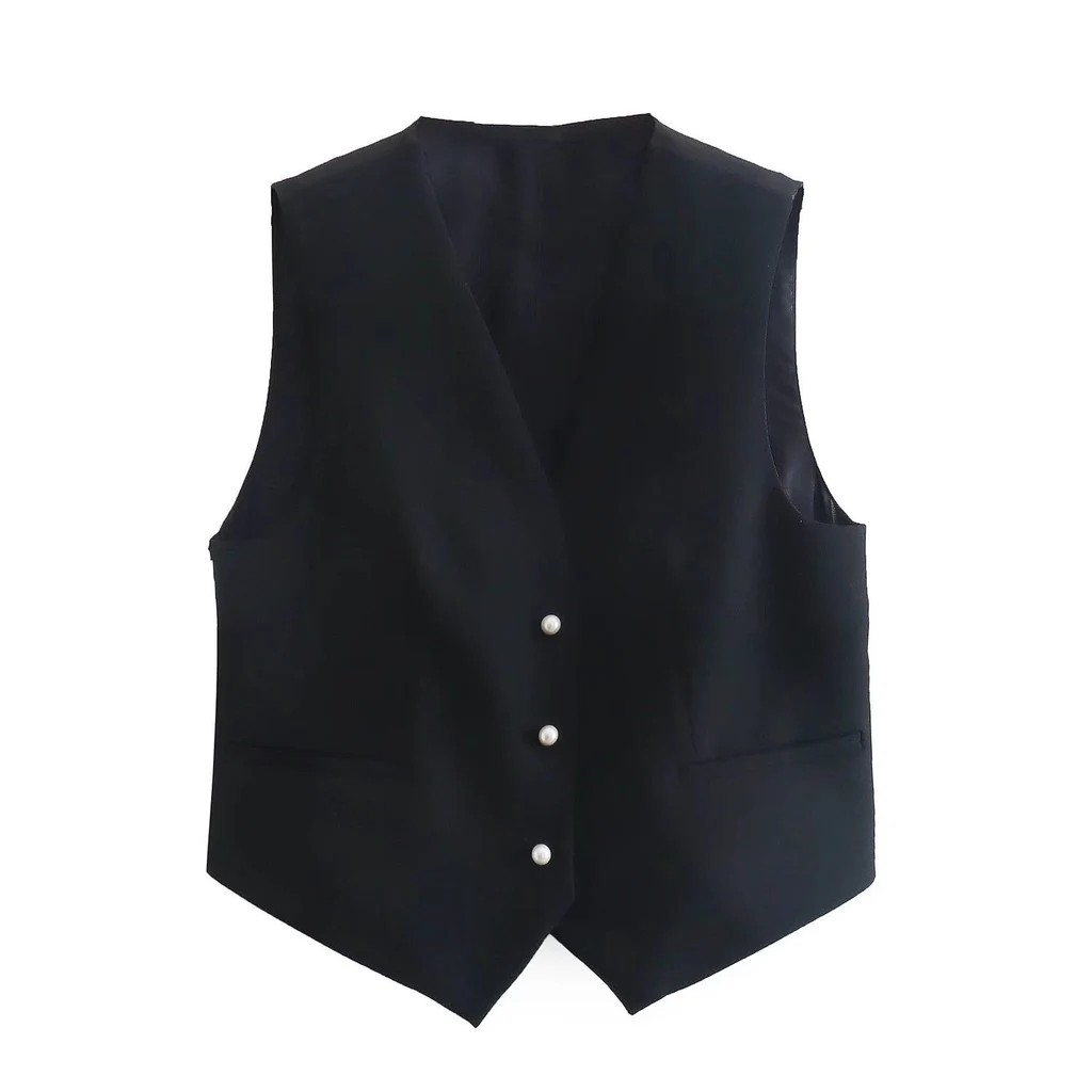 New Temperament Fashion Faux Pearl Button Vest - As Shown