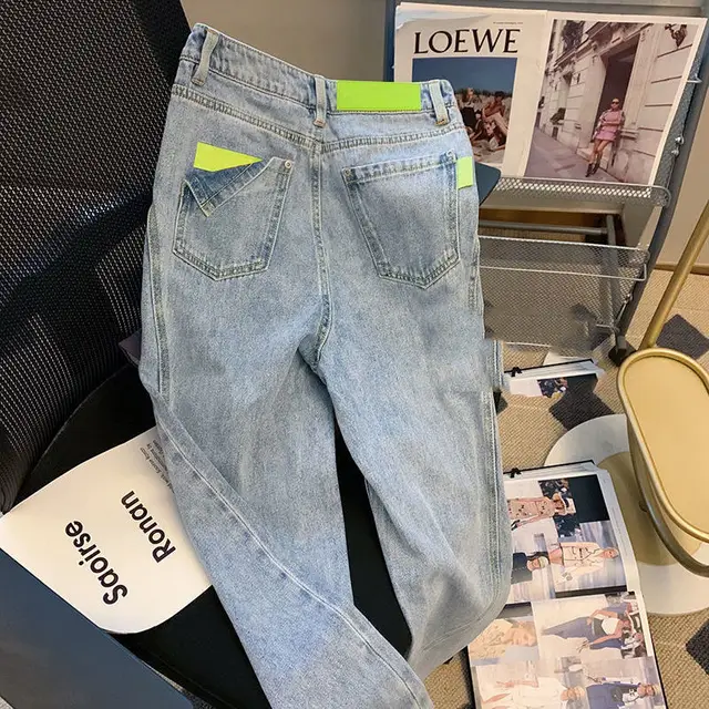 Colorblock Washed Blue High Waist Jeans Women's Slim Casual - Shop at LoveMi