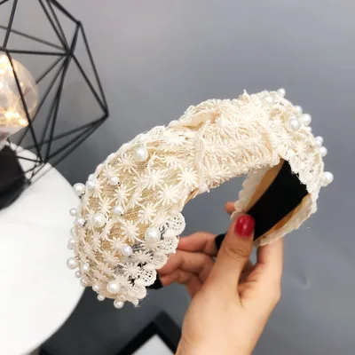 Ladies Buckle Pearl Lace Knotted Headband Beige - Shop at LoveMi