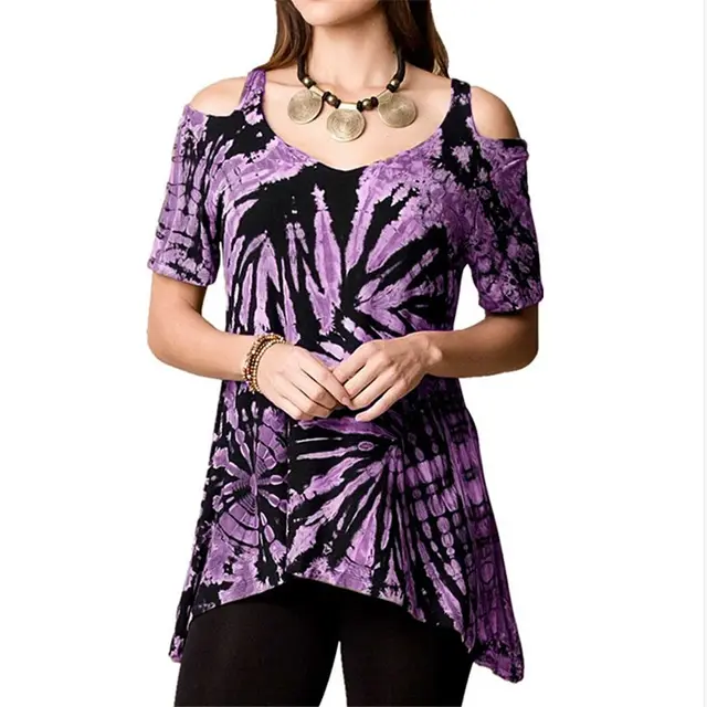 Summer Off the shoulder Irregular Short sleeved T shirt Purple - Shop at LoveMi