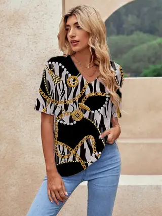 Printed Short Sleeve Urban Loose Casual Women's V Neck T Shirt - 191Color