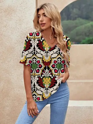 Printed Short Sleeve Urban Loose Casual Women's V Neck T Shirt - 199Color