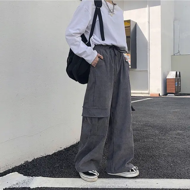 Corduroy Women's Vintage Pocket Cargo Pants Loose Wide Leg Dark Grey - Shop at LoveMi