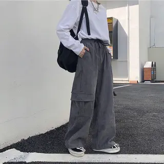 Corduroy Women's Vintage Pocket Cargo Pants Loose Wide Leg - Dark Grey