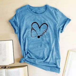 Large Size Women's Nurse Heart Casual Crew Neck Top Short Sleeve T-shirt - Blue