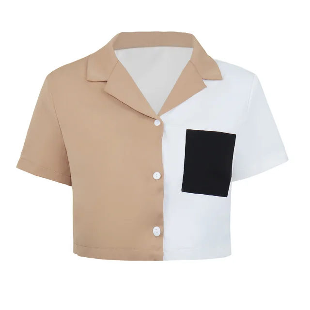 Contrast Paneled Crop Top Pocket Single Breasted Short Sleeve Shirt Khaki - Shop at LoveMi