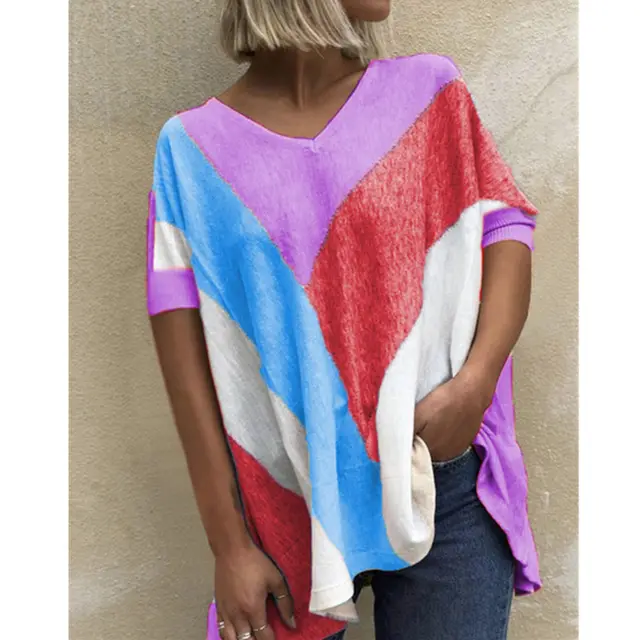 Women's V Neck Colorblock Print T Shirt Loose Casual Top Purple - Shop at LoveMi