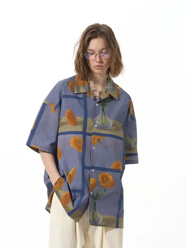 Casual Loose Floral Print Versatile Trend Short Sleeve Shirt Blue - Shop at LoveMi