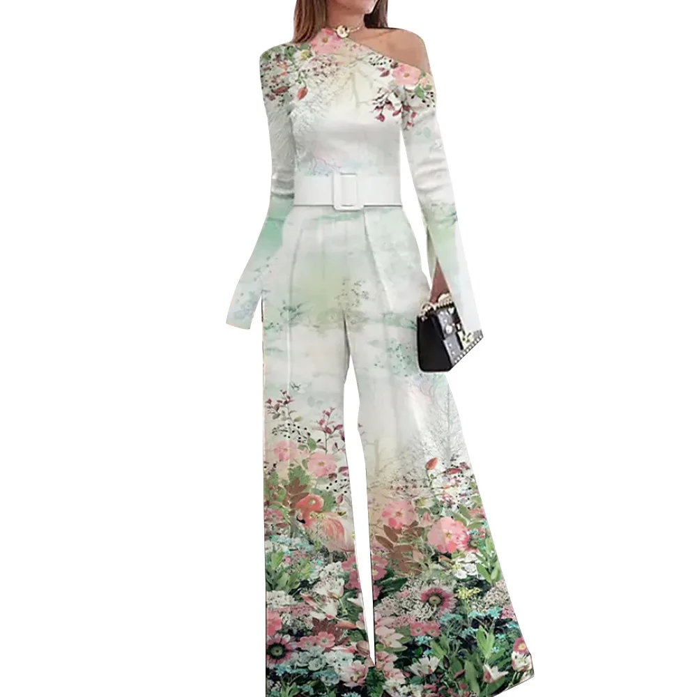 Printed Diagonal Neck Long Sleeve Off Shoulder Casual One Piece Wide Leg Pants Green - Shop at LoveMi