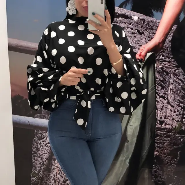 New Womens Polka Dot Large Size Loose Long Sleeve Blouse Black - Shop at LoveMi