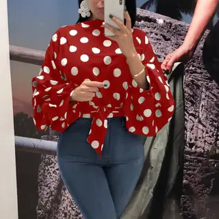 New Womens Polka Dot Large Size Loose Long Sleeve Blouse - Red