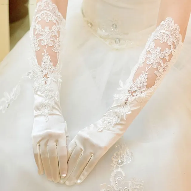 New Bridal Wedding Dress Gloves Banquet Satin Lace Embroidered White - Shop at LoveMi