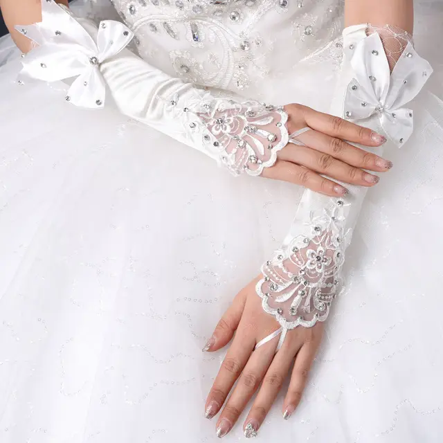 Bridal Gloves Wedding Hook Finger Flower Bow Lace Hollow Sleeves Beige - Shop at LoveMi