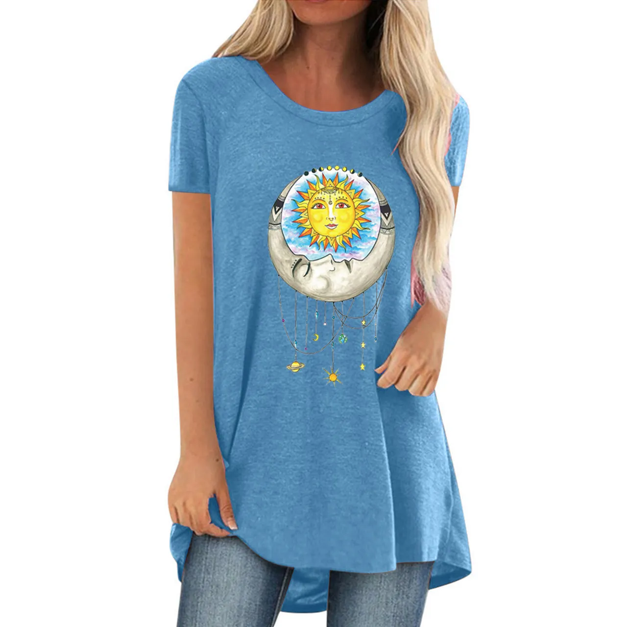 Women's Fashion Simple Sun Face Print Round Neck Short Sleeve T-Shirt - Blue