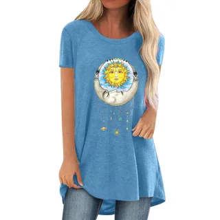 Women's Fashion Simple Sun Face Print Round Neck Short Sleeve T-Shirt - Blue