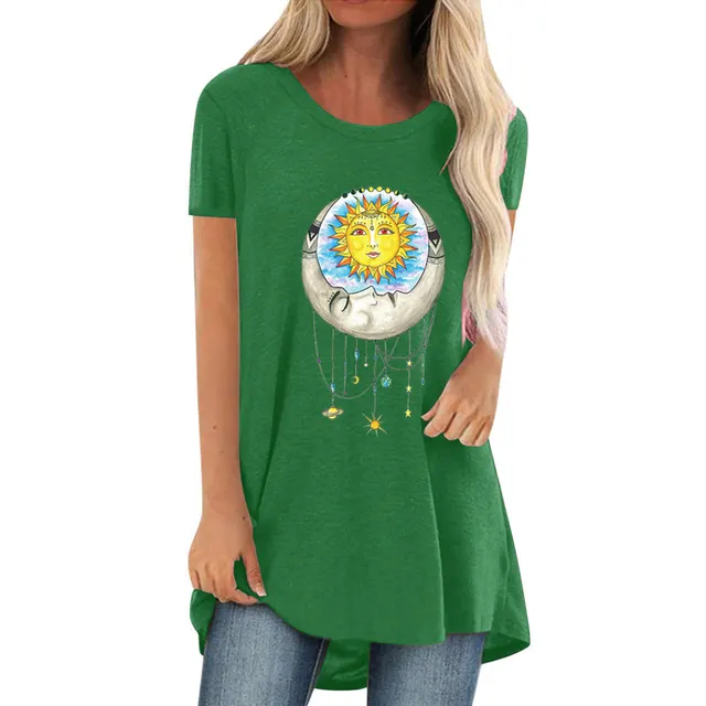 Women's Fashion Simple Sun Face Print Round Neck Short Sleeve T Shirt Green - Shop at LoveMi