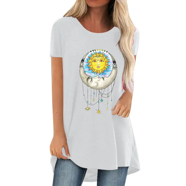 Women's Fashion Simple Sun Face Print Round Neck Short Sleeve T Shirt White - Shop at LoveMi