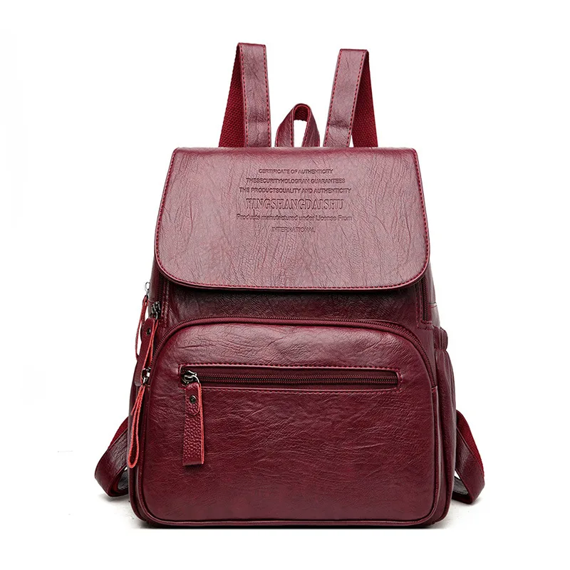 Women's Fashion Lightweight Leather Travel Backpack - Red