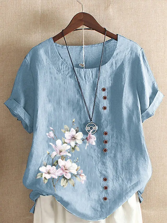 Women's Retro Cotton And Linen Print Loose Casual Shirt Short Sleeve Blue - Shop at LoveMi