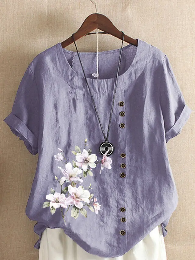 Women's Retro Cotton And Linen Print Loose Casual Shirt Short Sleeve Dark Purple - Shop at LoveMi