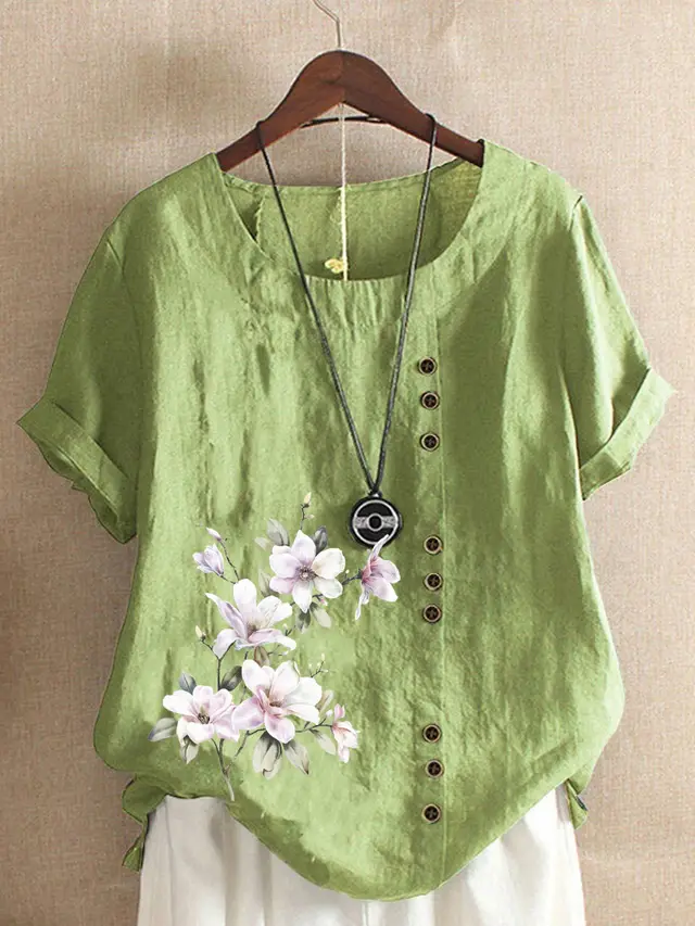 Women's Retro Cotton And Linen Print Loose Casual Shirt Short Sleeve Green - Shop at LoveMi