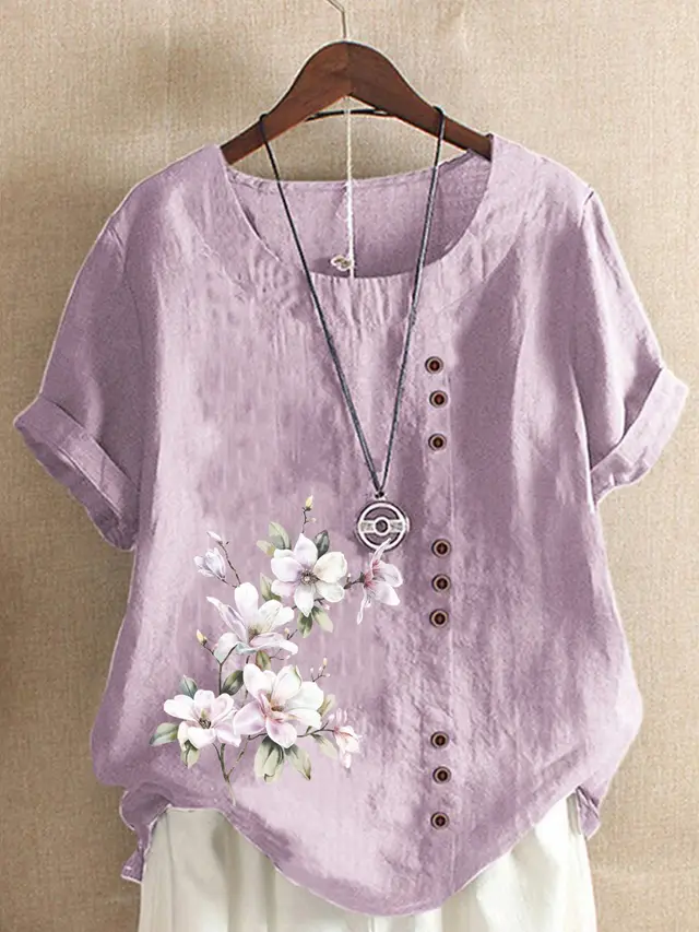 Women's Retro Cotton And Linen Print Loose Casual Shirt Short Sleeve Light Purple - Shop at LoveMi
