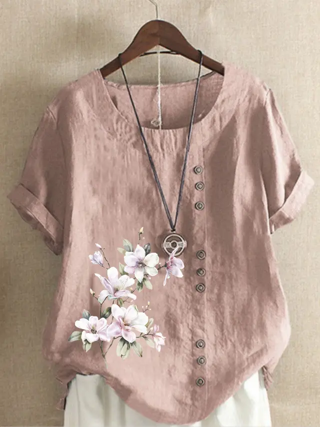 Women's Retro Cotton And Linen Print Loose Casual Shirt Short Sleeve Pink - Shop at LoveMi