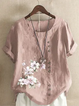Women's Retro Cotton And Linen Print Loose Casual Shirt Short Sleeve - Pink