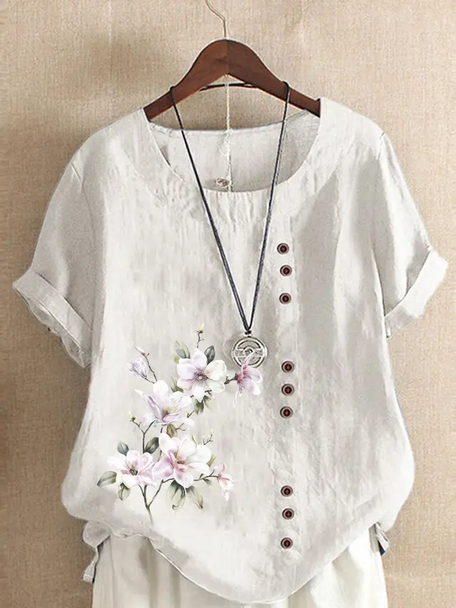 Women's Retro Cotton And Linen Print Loose Casual Shirt Short Sleeve White - Shop at LoveMi