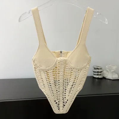 Corset Fishbone Hand Chain Link Knit Vest Apricot - Shop at LoveMi