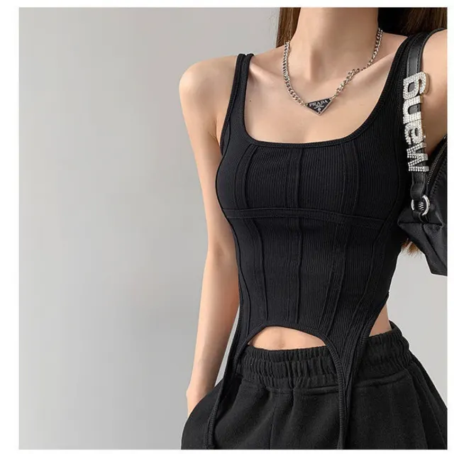 Irregular Hook Chic Bottoming Shirt Outer Wear Square Collar Sleeveless Black - Shop at LoveMi