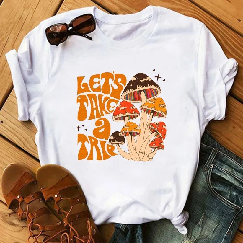 90's Funny Mushroom Print T shirt Casual Round Neck Short Sleeves Printed Pullover Women T shirt 1 White - Shop at LoveMi