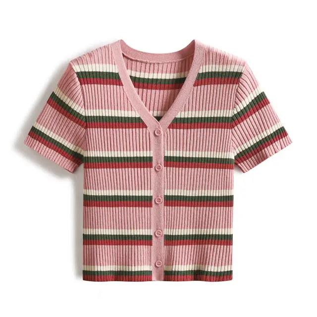 V neck Classic Striped Knitted Sweater Women's Spring And Summer New High Waist Pink - Shop at LoveMi