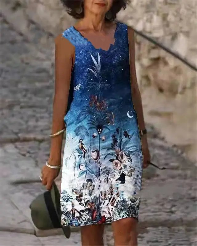 New Summer V neck Sleeveless Vest Dress Printed Loose Women's Wear Blue - Shop at LoveMi
