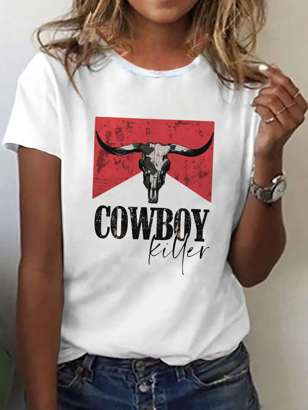 Summer Garden Collar Printed White Short Sleeve Round Neck - White