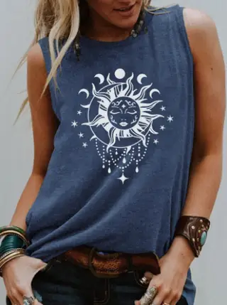 Black And White Pattern Print European And American Sleeveless Vest - Blue