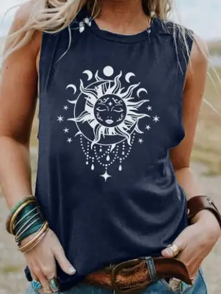 Black And White Pattern Print European And American Sleeveless Vest - Dark Blue