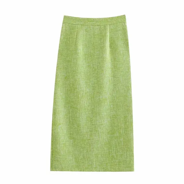 Women's Green Textured Slit High Waist Midi Skirt Green - Shop at LoveMi