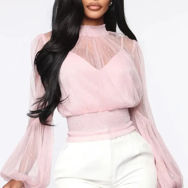 Women's Clothing New See through Mesh Top Chiffon Shirt Pink - Shop at LoveMi