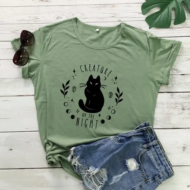 Women's Black Cat Alphabet Print T Shirt Army Green - Shop at LoveMi