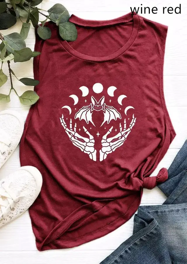 Sun And Moon Skull Hand New Sleeveless T Shirt Vest Wine Red - Shop at LoveMi