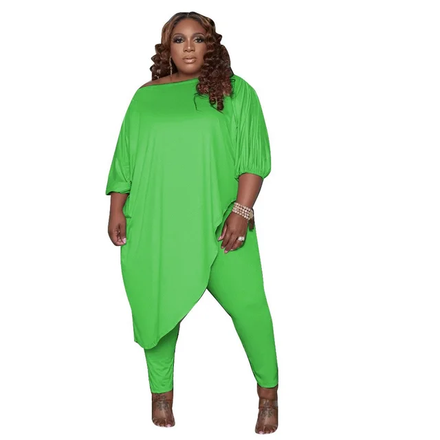 Large Size European And American Women's Clothing Cross border Spot Loose Solid Color Shoulder Two piece Set Spring And Autumn Green - Shop at LoveMi